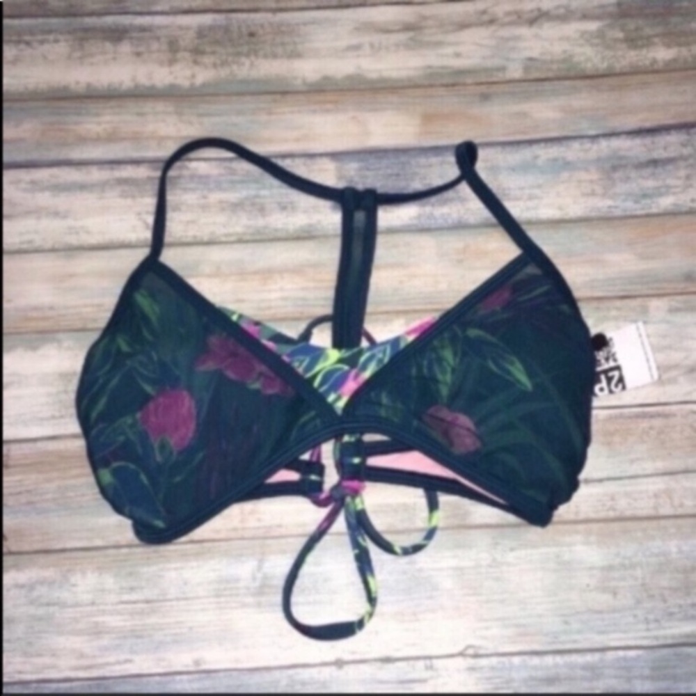 Xhilaration Green Floral Bikini Top Large Tropical Print Swim Adjustable Straps - Picture 3 of 5